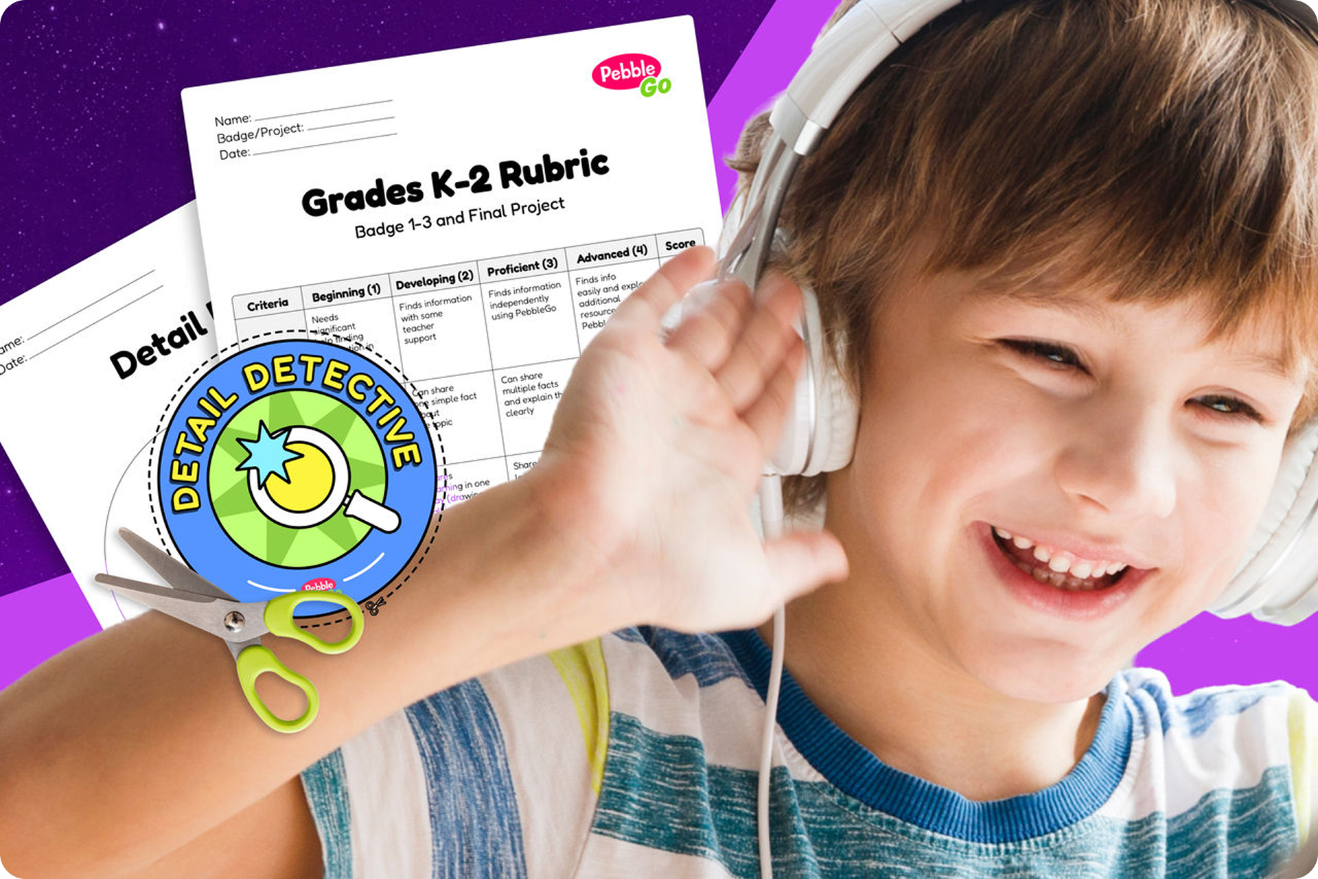 Boy with headphones, activities, and a badge