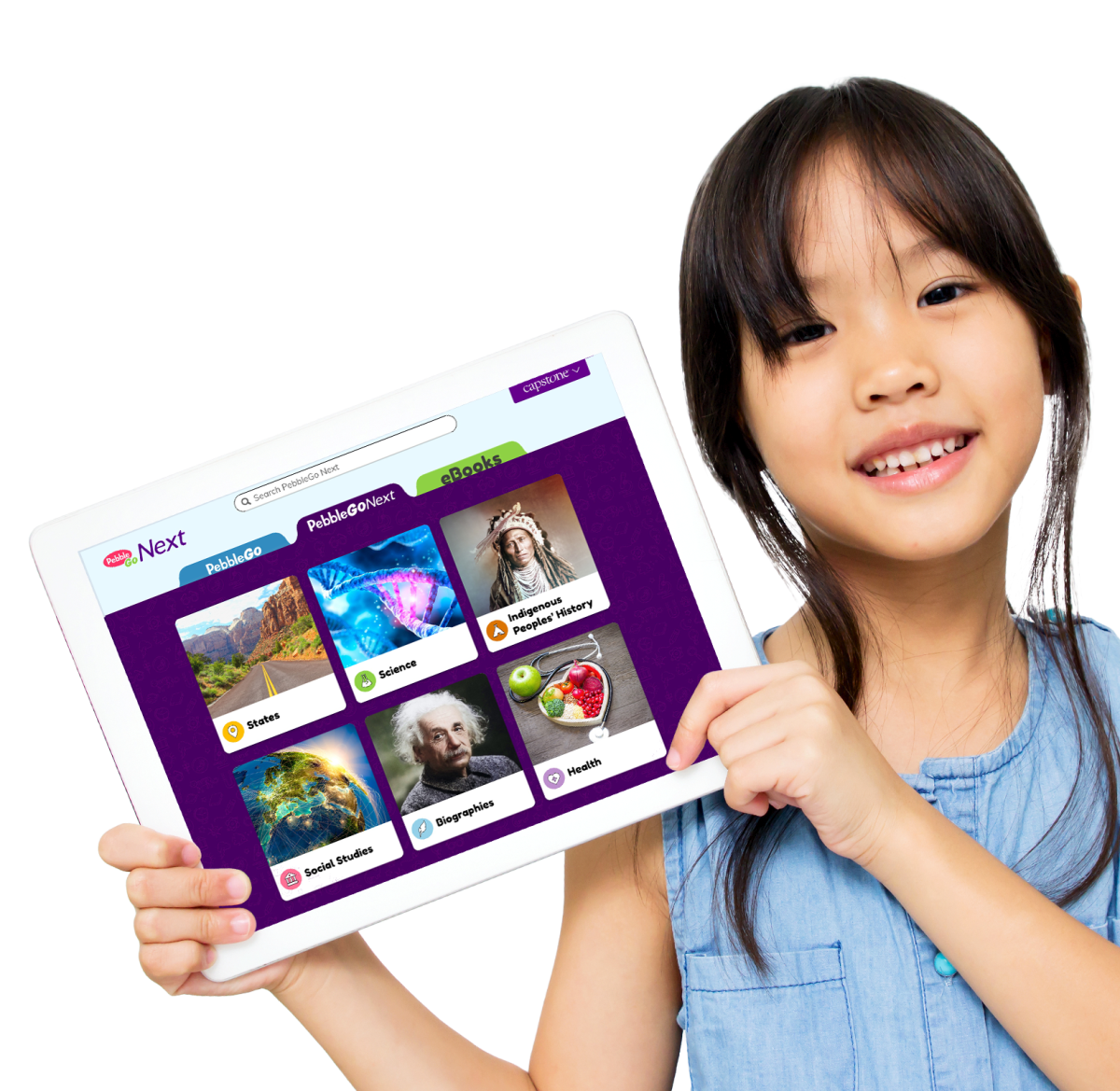Girl holding tablet showing PebbleGo Next