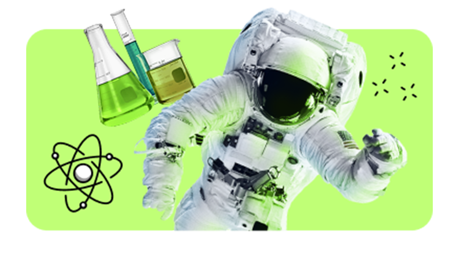Astronaut, Beakers, and graduated cylinders