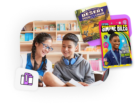 Graphic of Capstone books and girl and boy in classroom