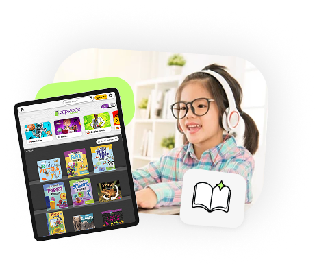 Graphic of Capstone Interactive eBooks and girl with headphones