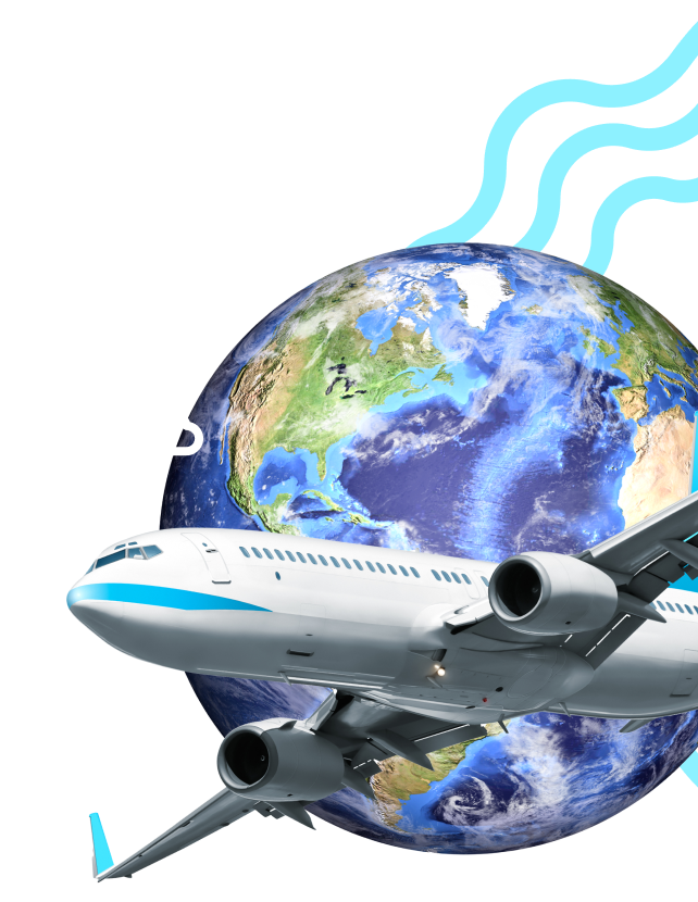 Graphic with a plane flying over the world