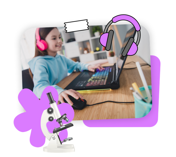 Student wearing headphones uses a computer for online learning, with headphone and microscope icons highlighting technology and science.